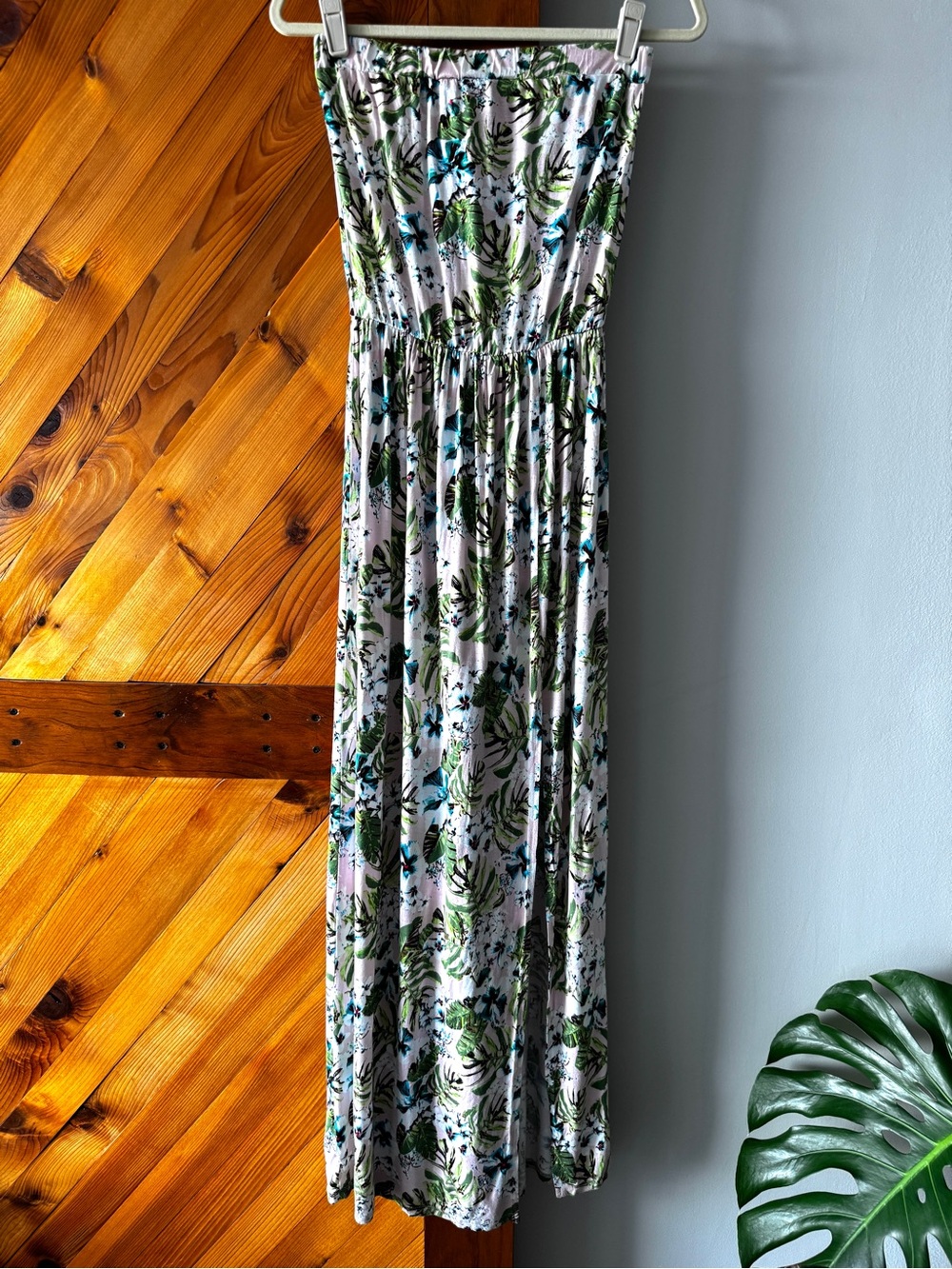 Amisu Pink Floral Maxi Dress EU36 Front Slit Elastic Top Summer Dress